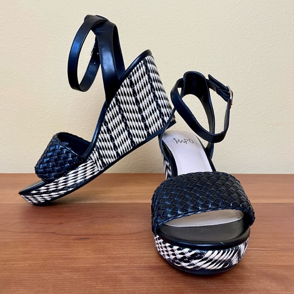 Impo Wedge Platform Chevron Print Heel Black Cream Faux Leather Ankle Strap 9M - Picture 1 of 11